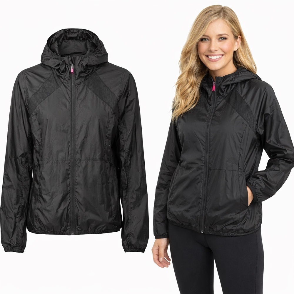 Zyia Active | Black Lightweight Windbreaker Jacket | Pink Logo | Size M